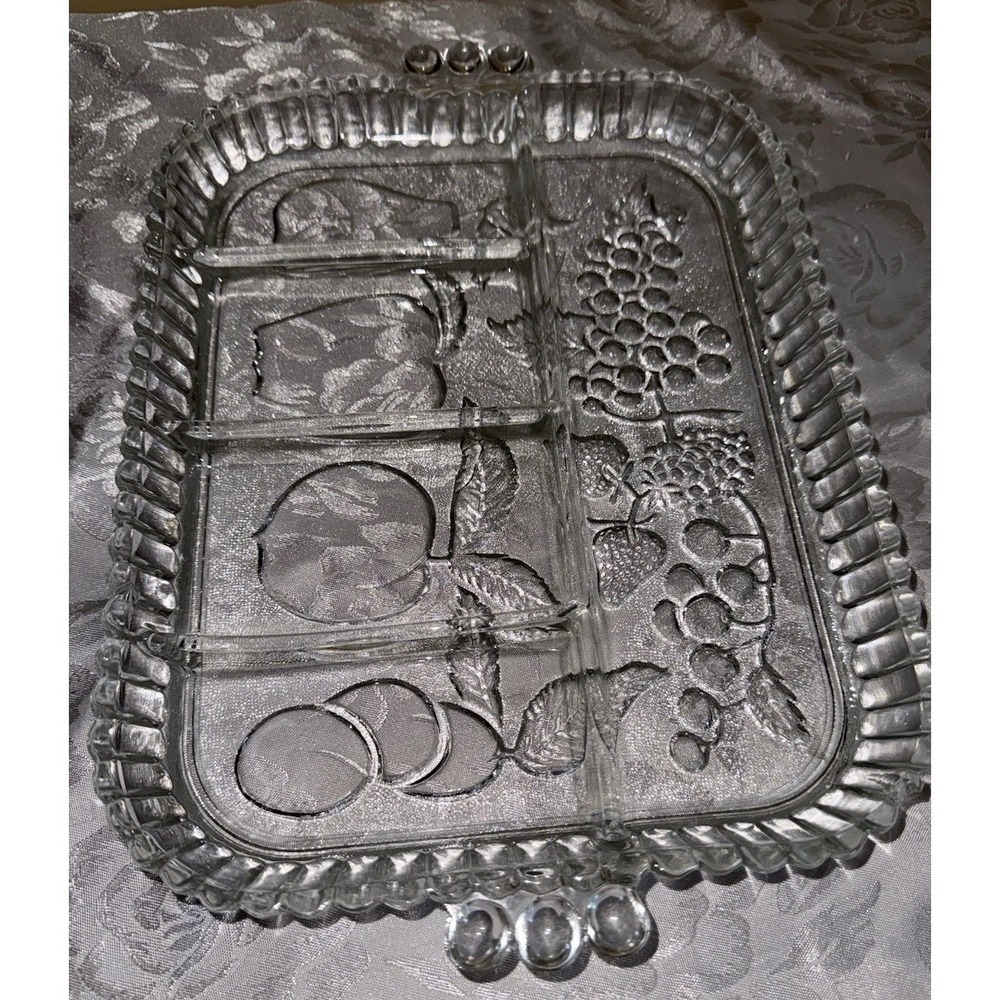 Indiana Glass "Crystal Happenings"‎ Fruit dish 5 sections handles